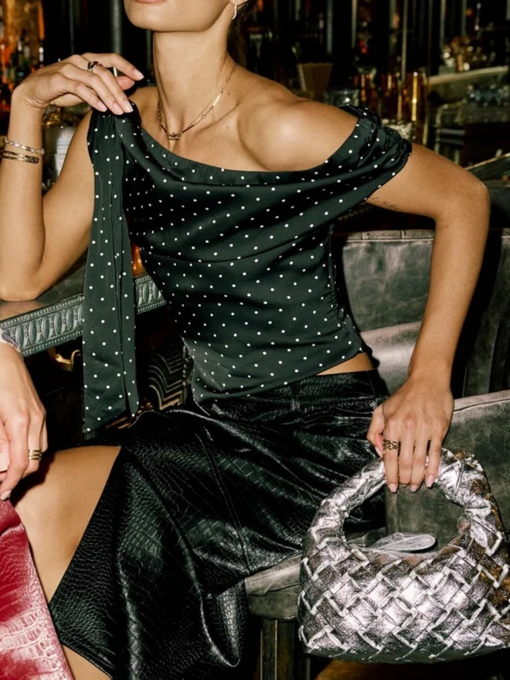 Bohme Black Satin Polka Dot Off-Shoulder Top